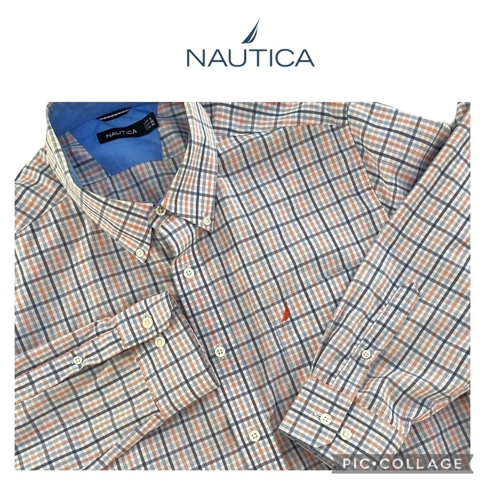 Nautica men long sleeve orange blue plaid shirt